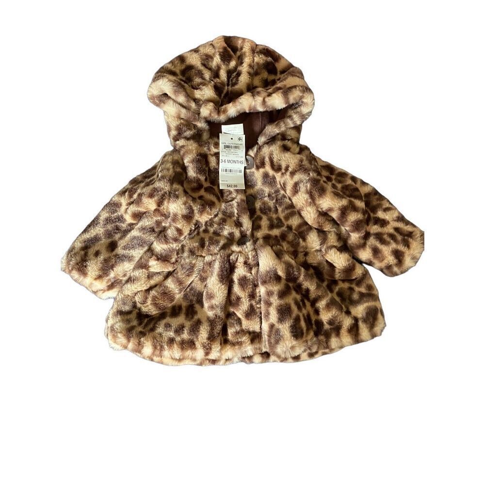 first impression NWT baby girl, leopard faux fur hooded coat 3/6 months 